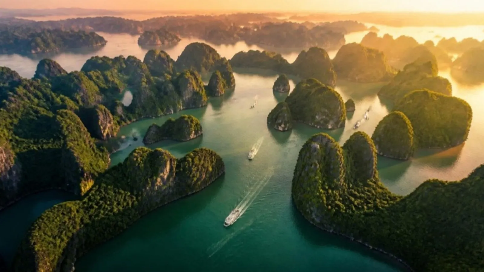 Aerial of Halong Bay karsts at golden hour