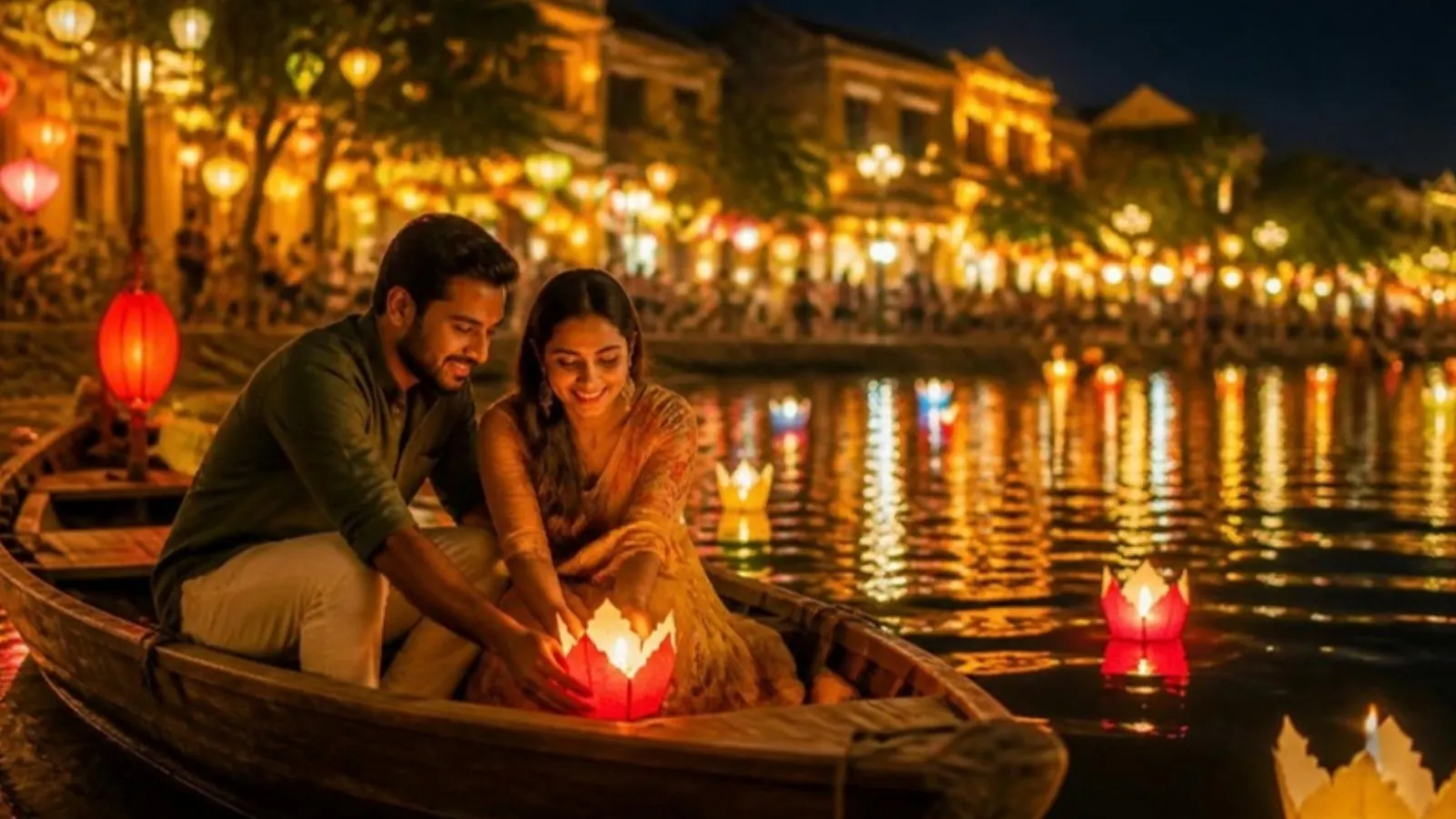 Couple on a lantern boat, Hoi An at night