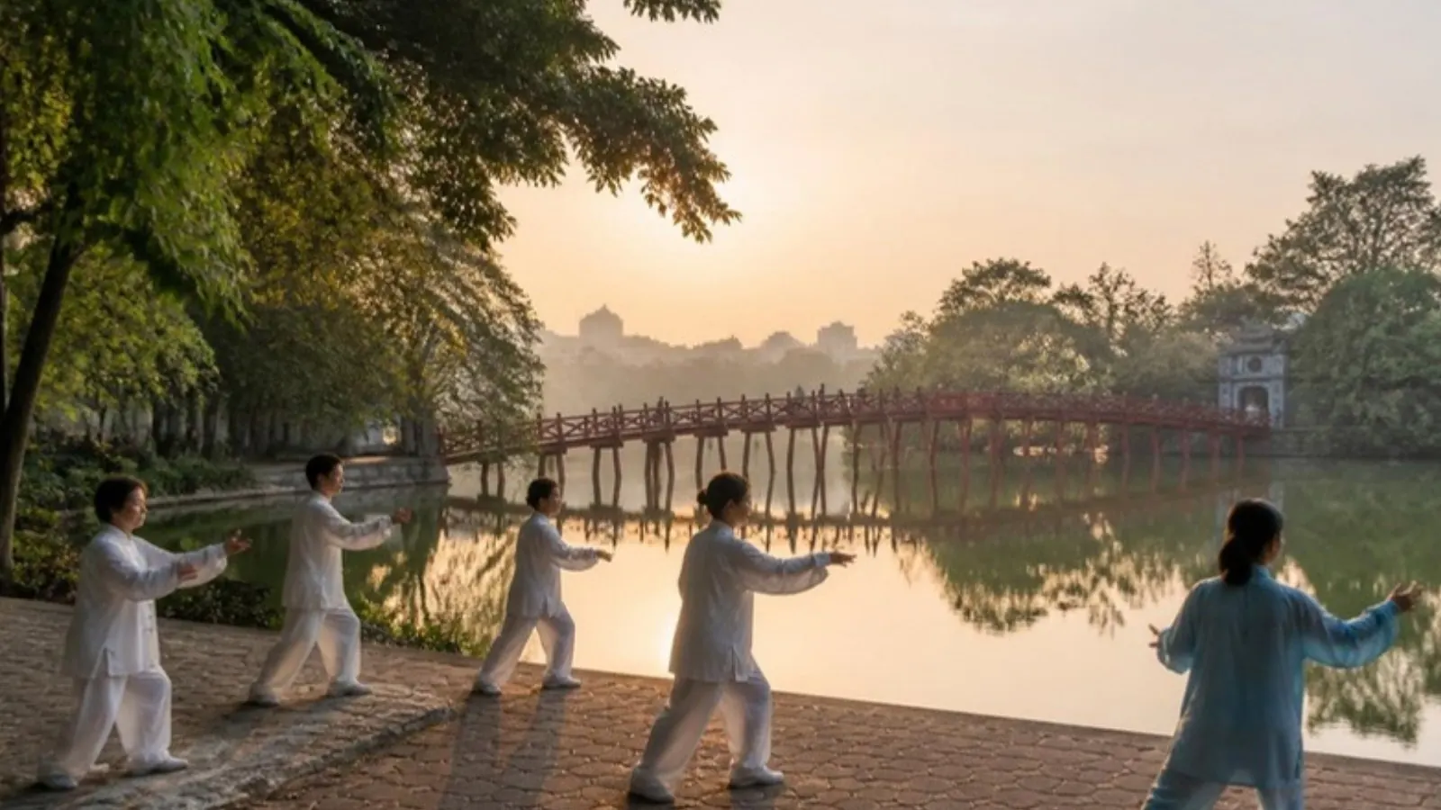 Early morning tai chi beside Hoan Kiem Lake