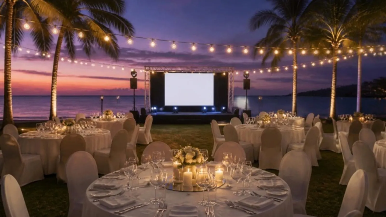 Gala dinner on a beach lawn