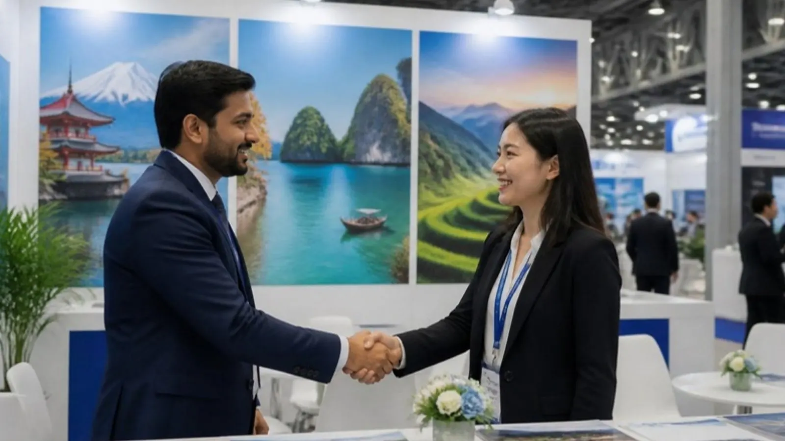 Handshake at a travel trade show booth