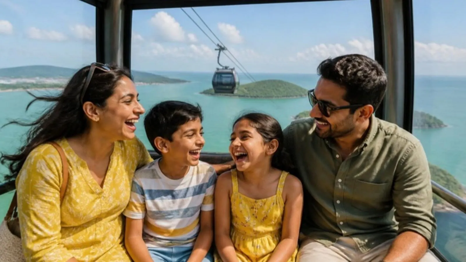 Indian children laughing on a cable car ride above the sea in Phu Quoc, Vietnam