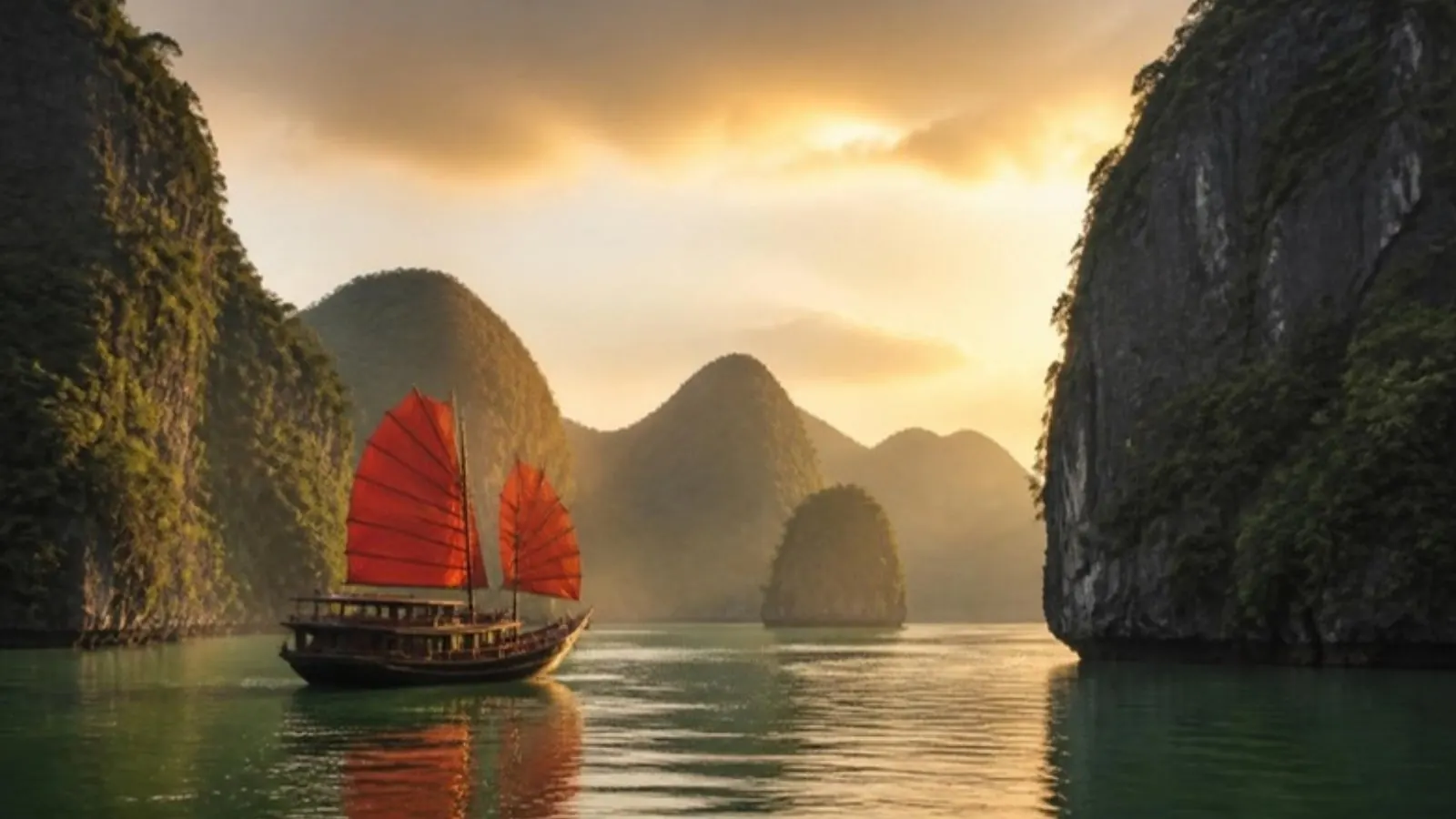 Traditional junk boat sailing between limestone islands in Ha Long Bay, northern Vietnam