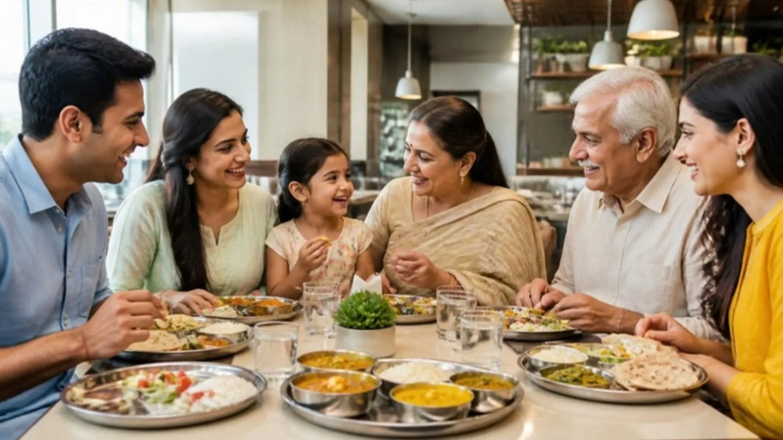 Multi-generation Indian family enjoying a vegetarian thali at a restaurant in Da Nang, Vietnam